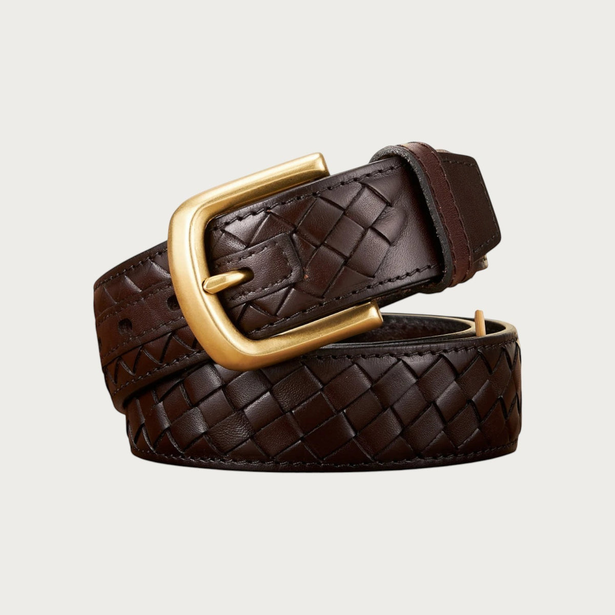 Ceinture large Ceintura en cuir tressé café avec une boucle rectangulaire en laiton vieilli au style vintage