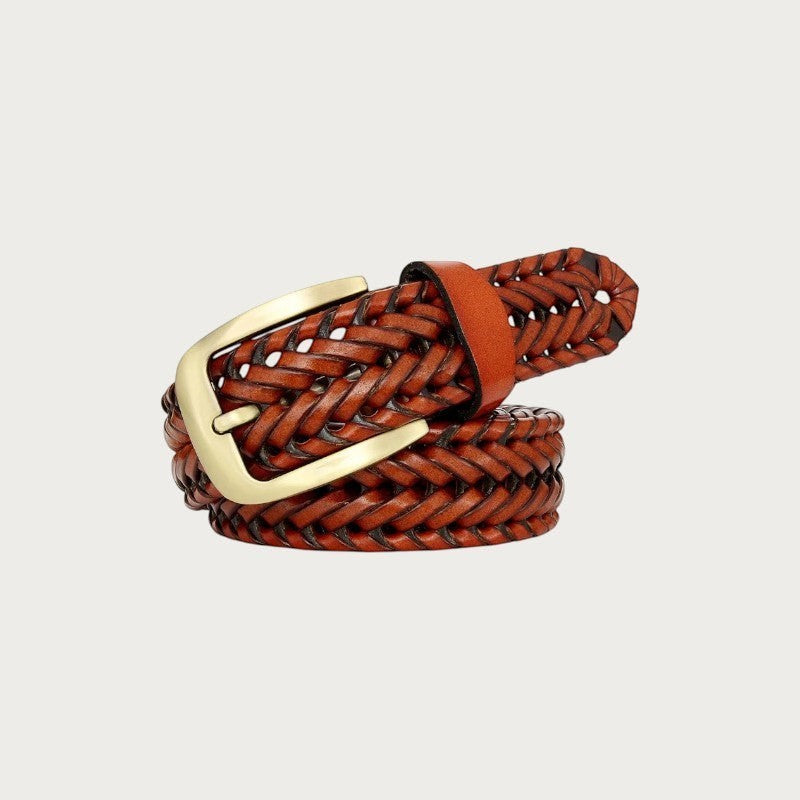 Ceinture homme Ceintura Tommaso en cuir tressé camel avec boucle à ardillon en métal doré