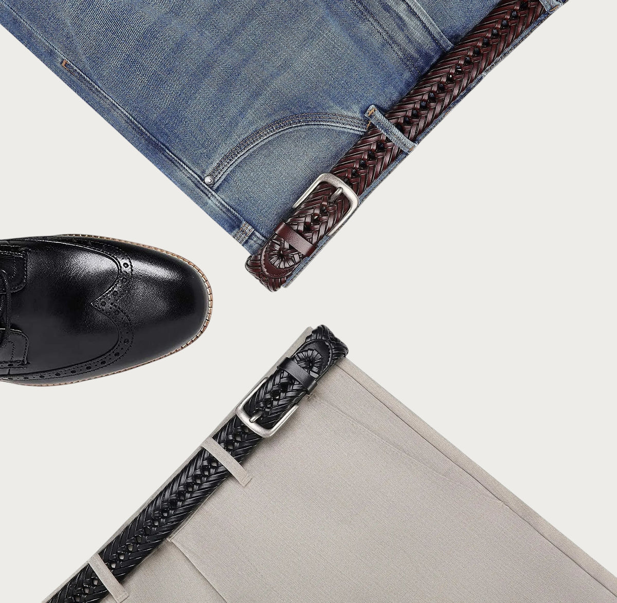 Ceinture Ceintura Federico en cuir tressé marron et noir avec boucle rectangulaire sur jean bleu et pantalon beige