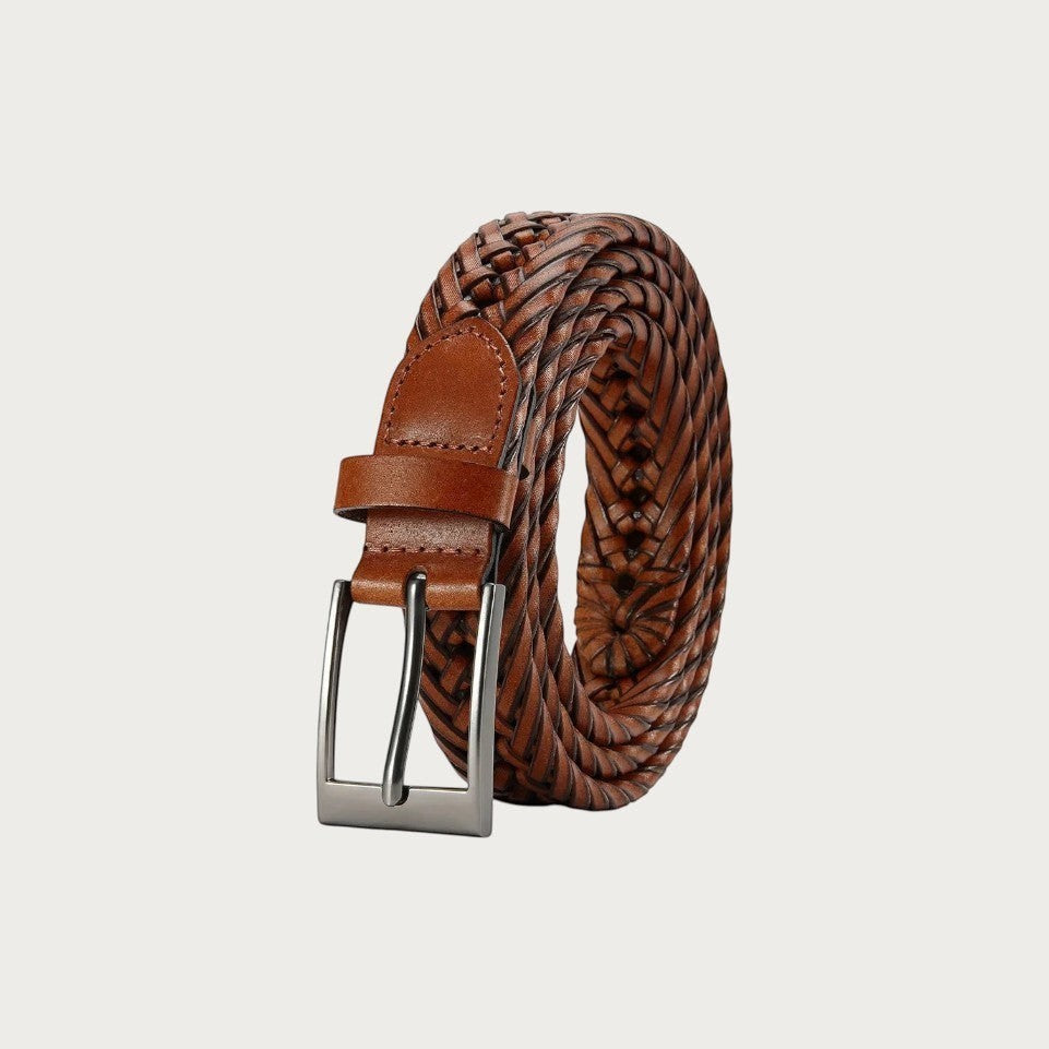 Ceinture Ceintura Federico pour homme en cuir de vachette tressé marron avec boucle rectangulaire en métal