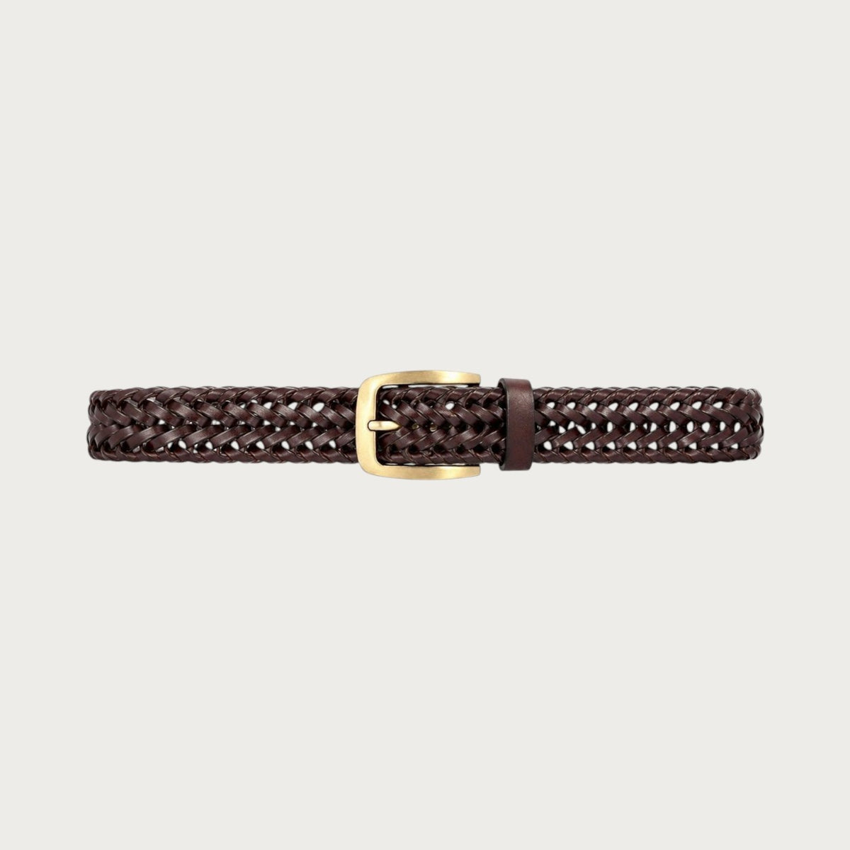 Ceinture Ceintura Tommaso en cuir tressé marron foncé déployée à plat, boucle ardillon dorée au centre
