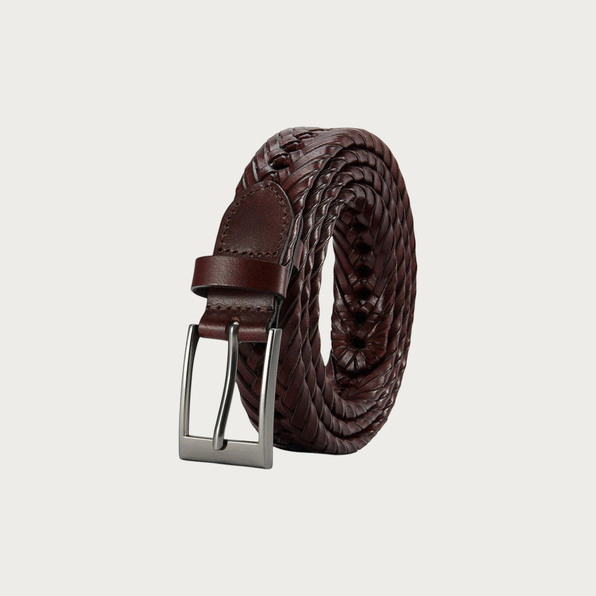 Ceinture Ceintura Federico en cuir tressé brun rouge enroulée serrée, boucle rectangulaire gris acier