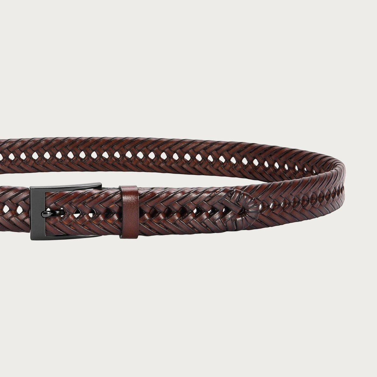 Ceinture Ceintura Federico pour homme en cuir de vachette tressé marron avec boucle rectangulaire en métal noir