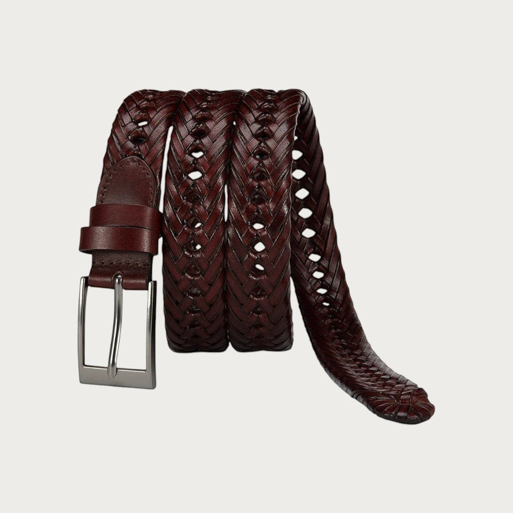 Ceinture Ceintura Federico en cuir tressé brun rouge repliée, extrémité de sangle pendante et boucle rectangulaire