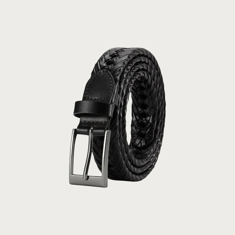 Ceinture homme Ceintura Federico en cuir de vachette tressé noir avec boucle rectangulaire en métal argenté