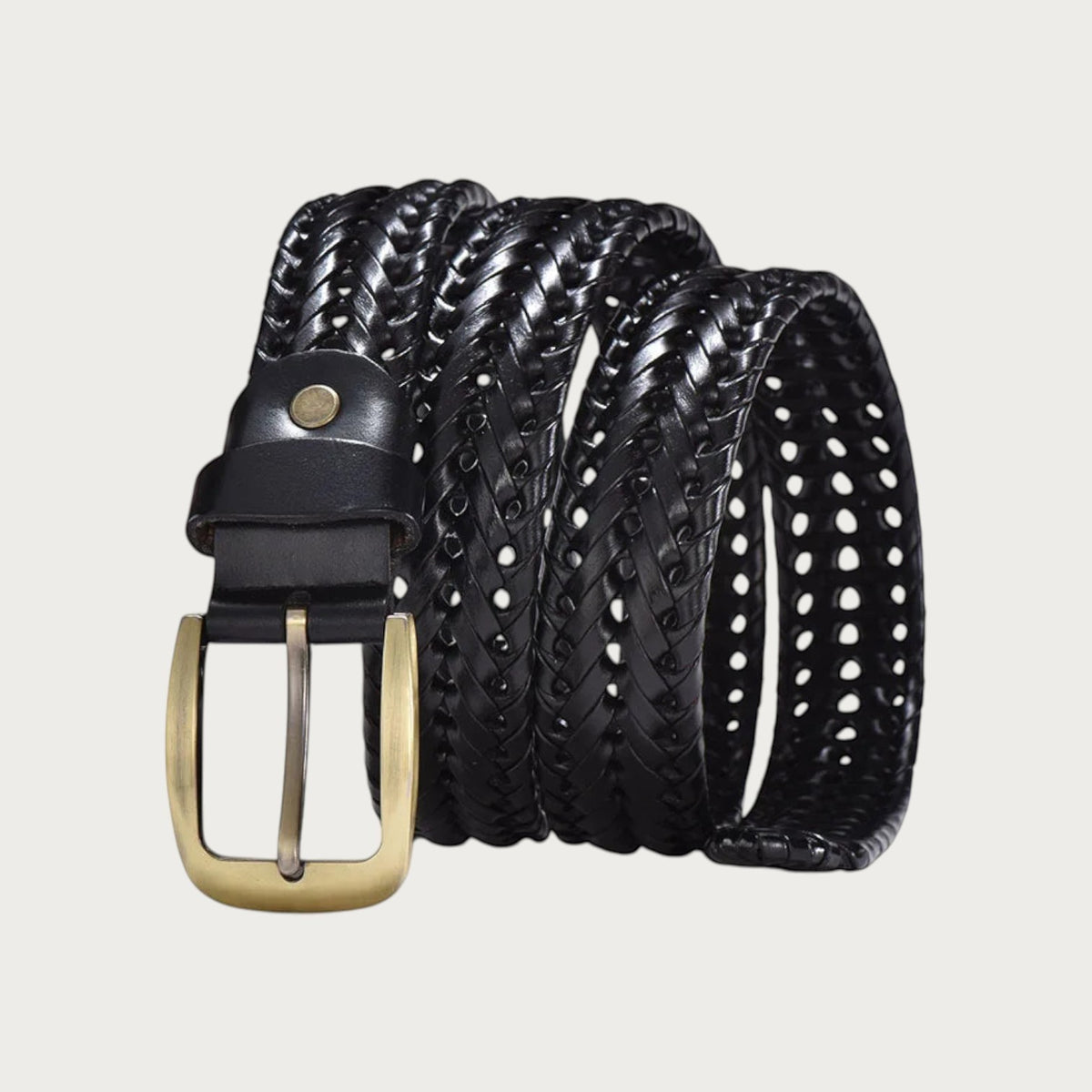 Ceinture Ceintura Armonia en cuir noir tressé torsadé avec boucle en laiton vieilli, style artisanal vintage.