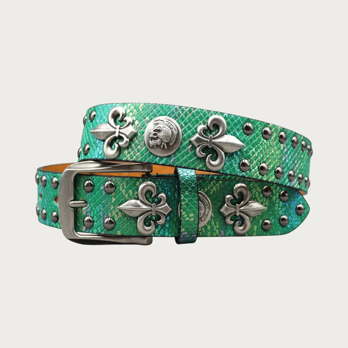 Ceinture Ceintura style Y2K en cuir PU vert à motif serpent avec clous métalliques et ornements en croix