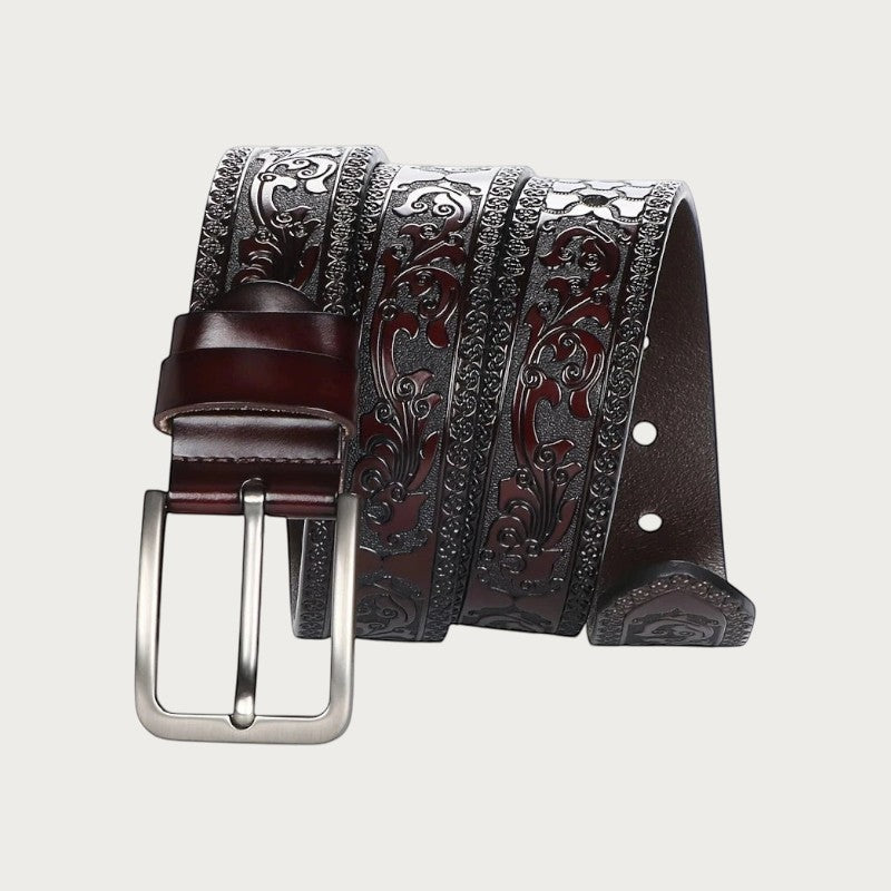 Ceintura ceinture en cuir marron style western avec motifs floraux gravés et boucle en alliage argenté