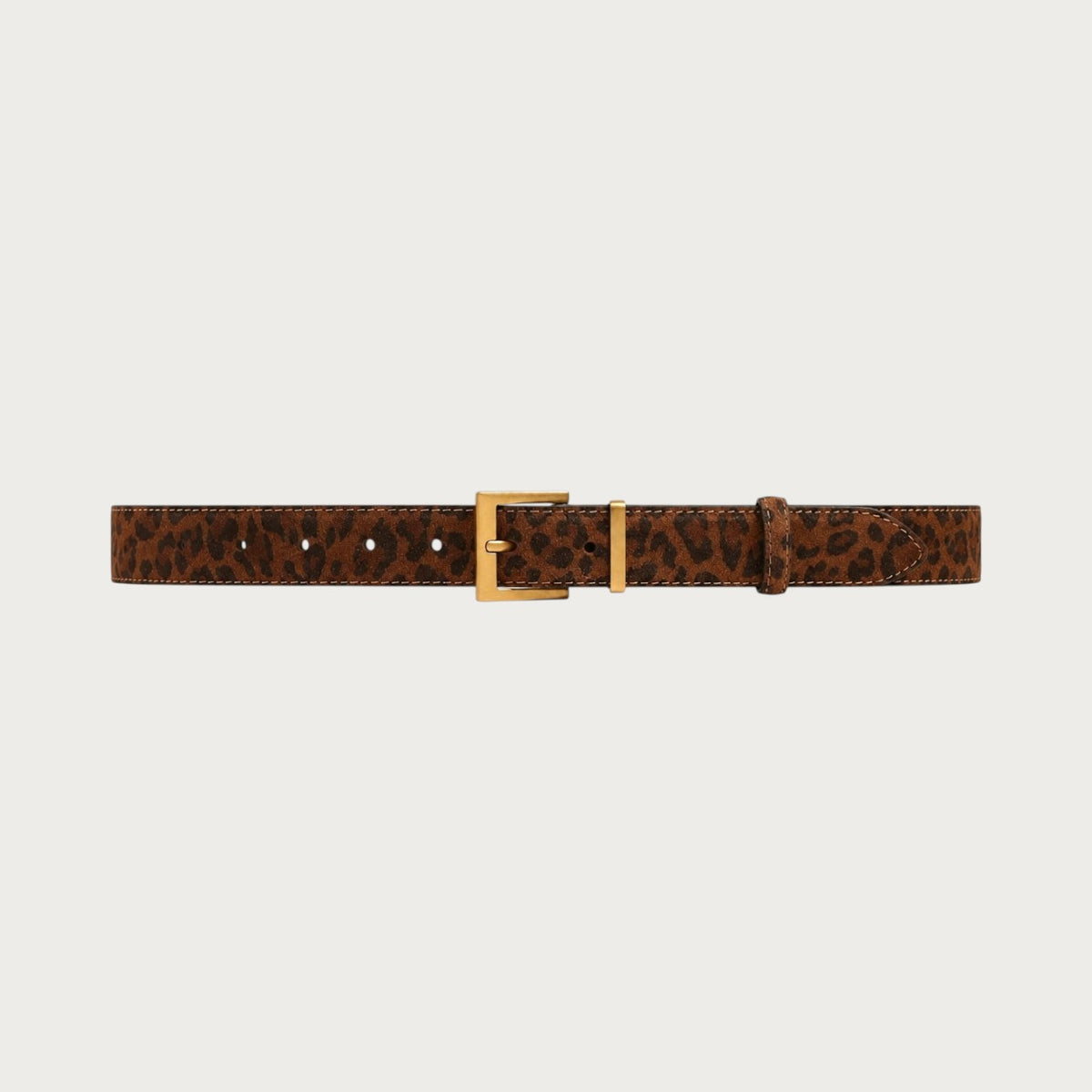 Ceinture Ceintura Positano en daim imprimé léopard avec boucle carrée dorée sur fond neutre