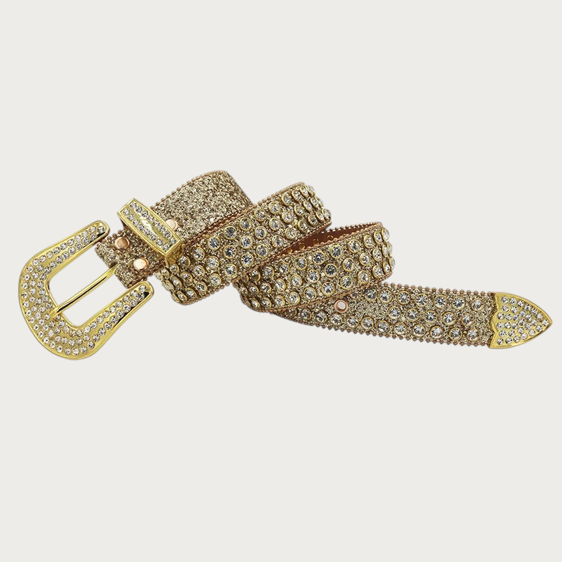 Ceinture Ceintura dorée en similicuir sertie de strass enroulée en spirale, boucle et embout pointu assortis
