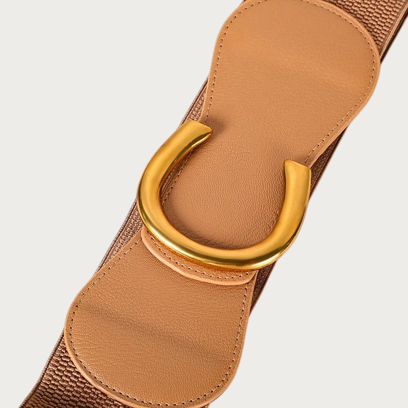 Ceinture élastique beige Ceintura avec boucle dorée en forme de C, design graphique et élégant