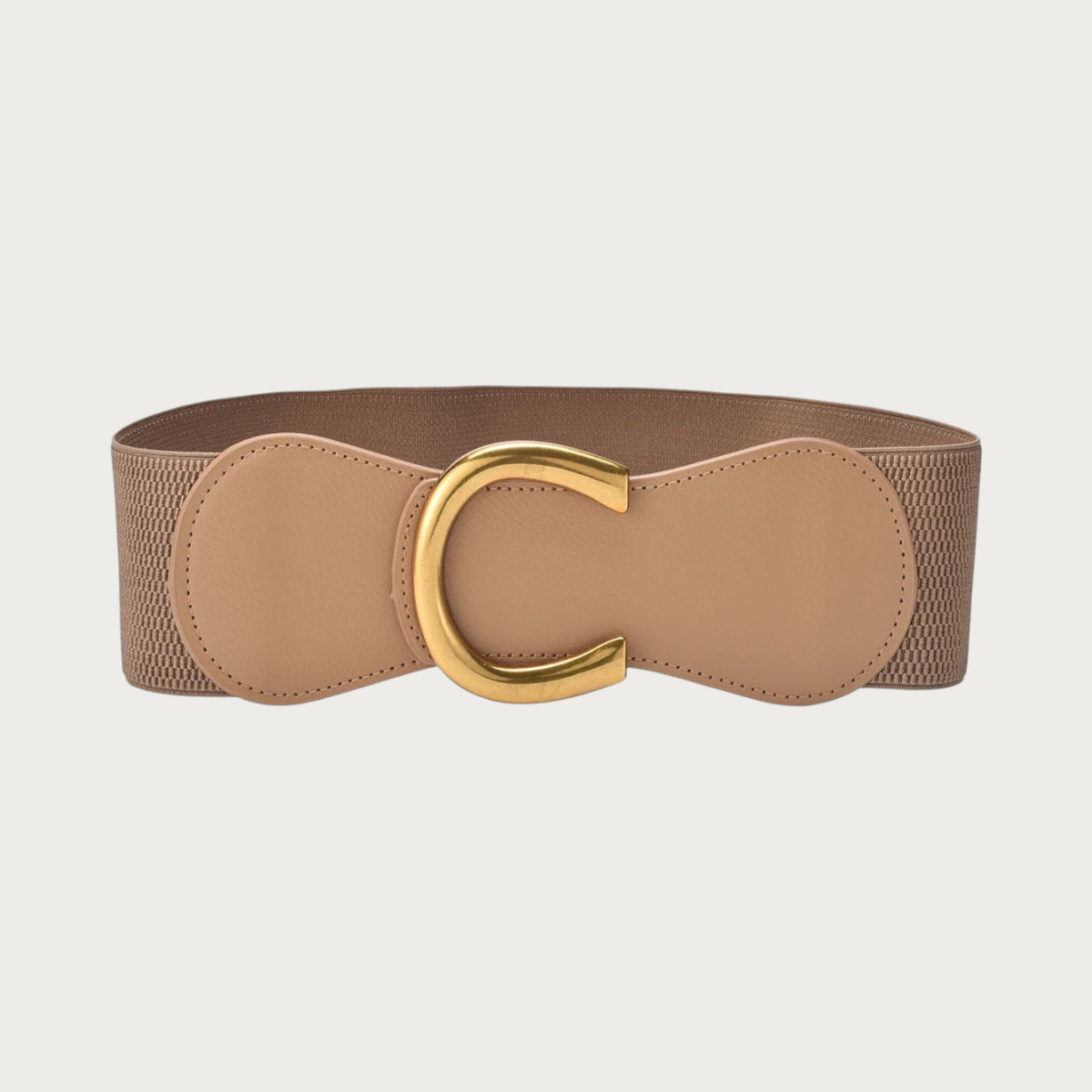 Ceinture élastique beige Ceintura avec une boucle dorée graphique en forme de lettre C sur fond neutre