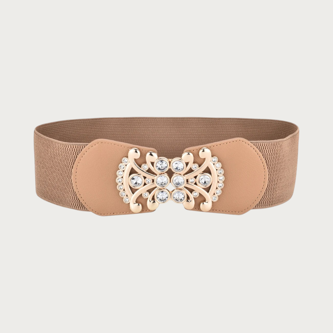 Ceinture élastique beige Ceintura avec boucle bijou en forme de nœud ornée de strass et empiècements façon cuir