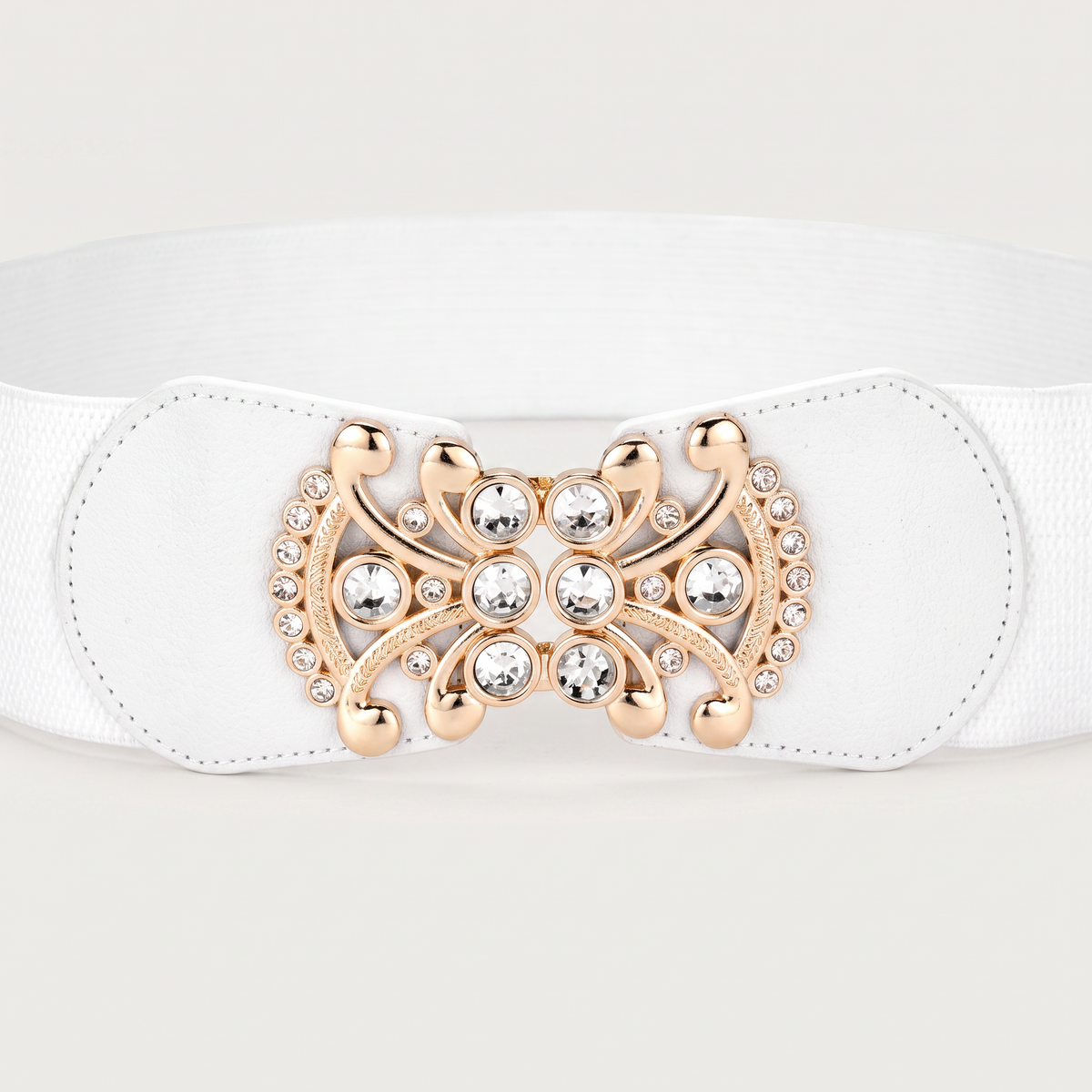 Ceinture élastique blanche Ceintura avec boucle bijou dorée ornée de strass scintillants et empiècements effet cuir