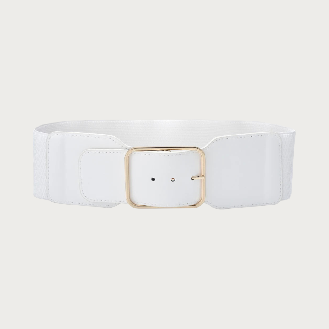 Ceinture élastique large Ceintura Pise blanche vue de face, boucle carrée dorée au centre