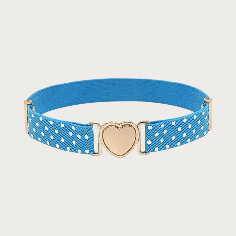 Ceintura ceinture élastique bleue à pois blancs pour fille avec une boucle dorée en forme de cœur