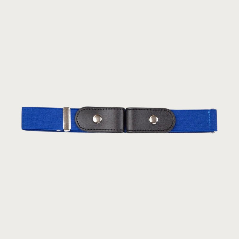 Ceinture élastique bleue sans boucle avec détails en similicuir noir, accessoire unisexe pratique pour jeans