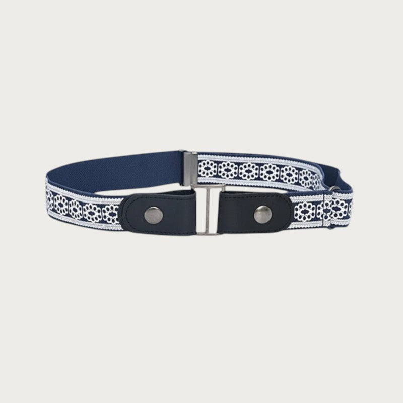 Ceinture élastique sans boucle Ceintura bleu marine avec motif floral blanc, style décontracté et ajustable Image