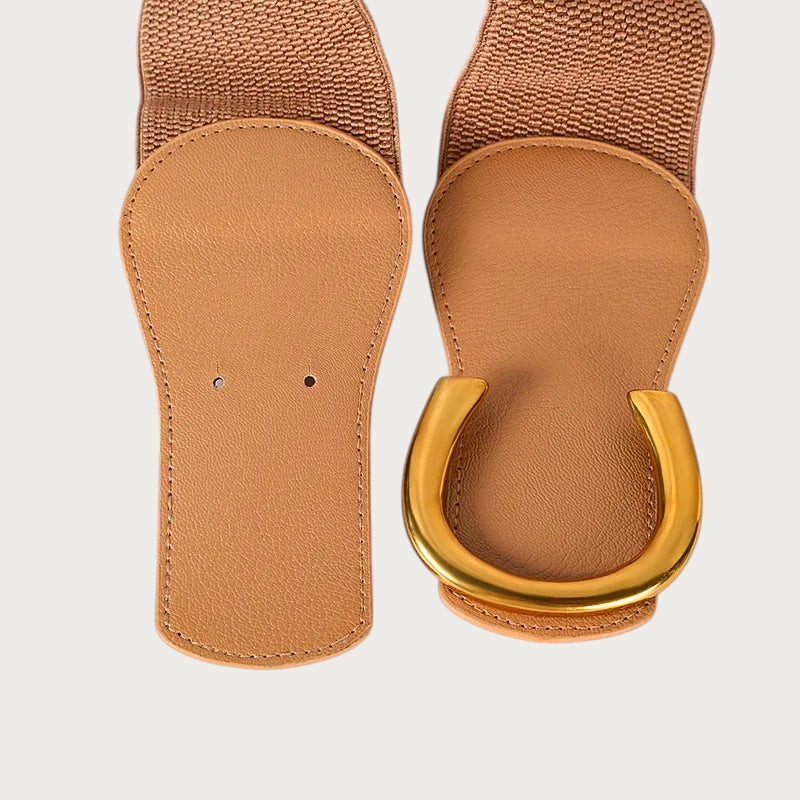 Ceinture élastique femme Ceintura Vicence beige avec boucle dorée en forme de C et finitions en cuir