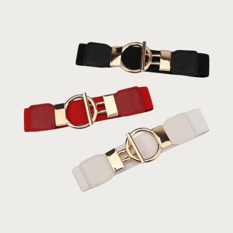 Ceintura ceinture élastique pour femme avec boucle ronde dorée, disponible en noir, rouge et blanc, largeur 4 cm.