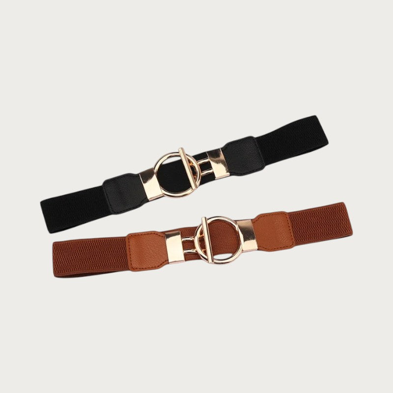 Ceintura ceintures élastiques pour femmes avec boucle ronde dorée, disponibles en noir et marron, largeur 4 cm.
