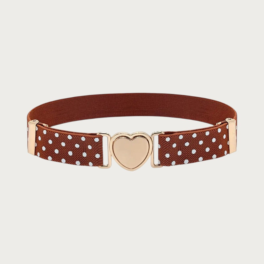 Ceinture élastique marron à pois blancs pour enfant avec boucle dorée en forme de cœur, style décontracté