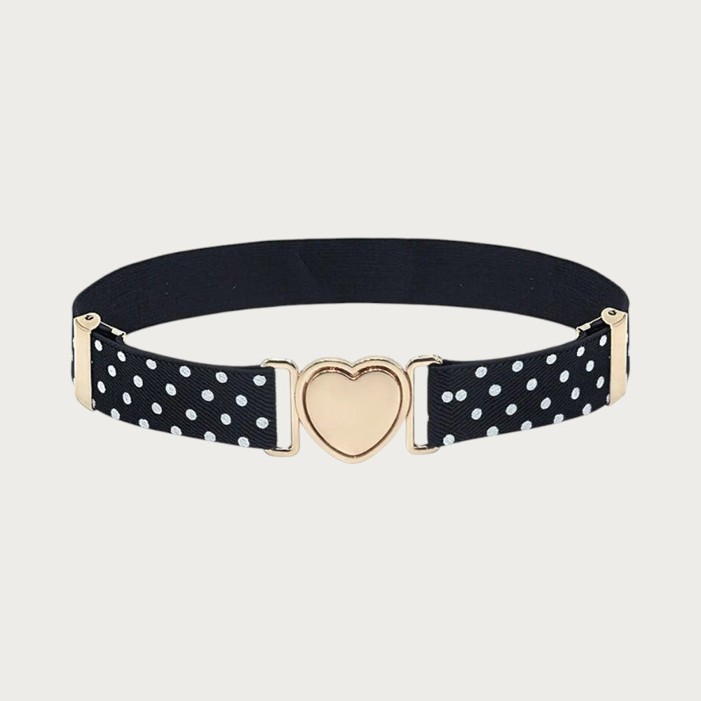 Ceintura ceinture élastique pour fille noire à pois blancs avec une boucle métallique en forme de cœur doré