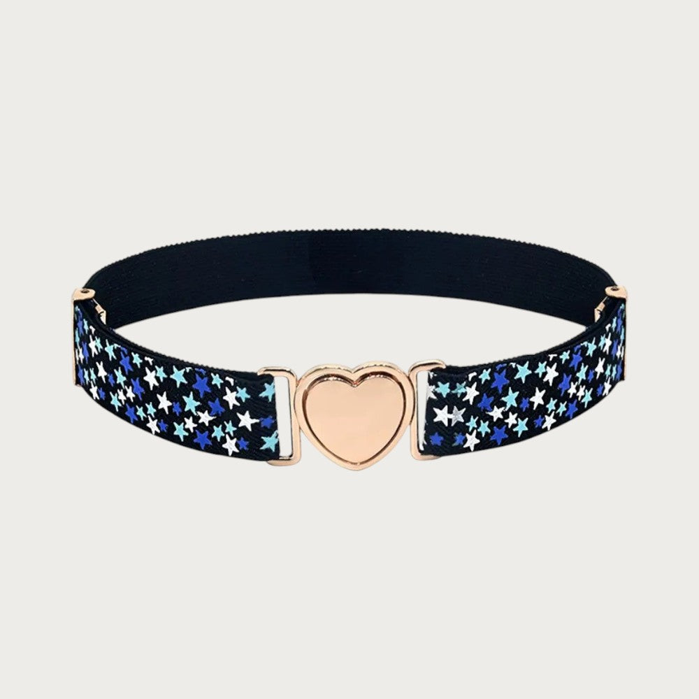 Ceintura ceinture élastique pour fille avec motif étoiles bleues et boucle en forme de cœur doré