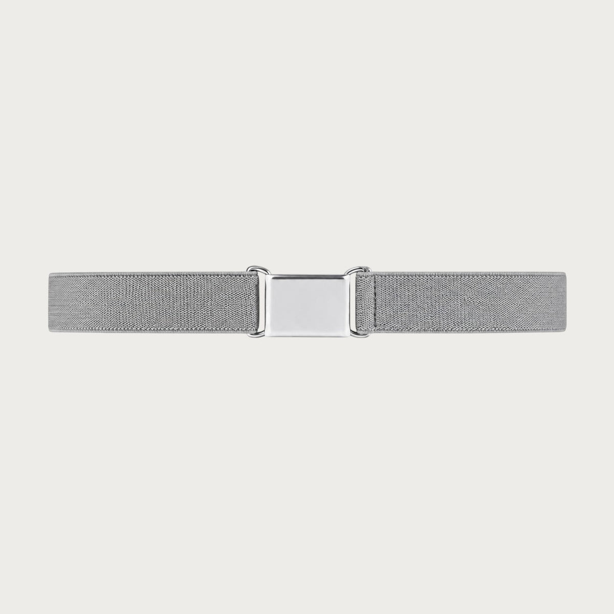 Ceinture élastique Ceintura grise pour enfant déployée à plat, boucle plaque argentée rectangulaire