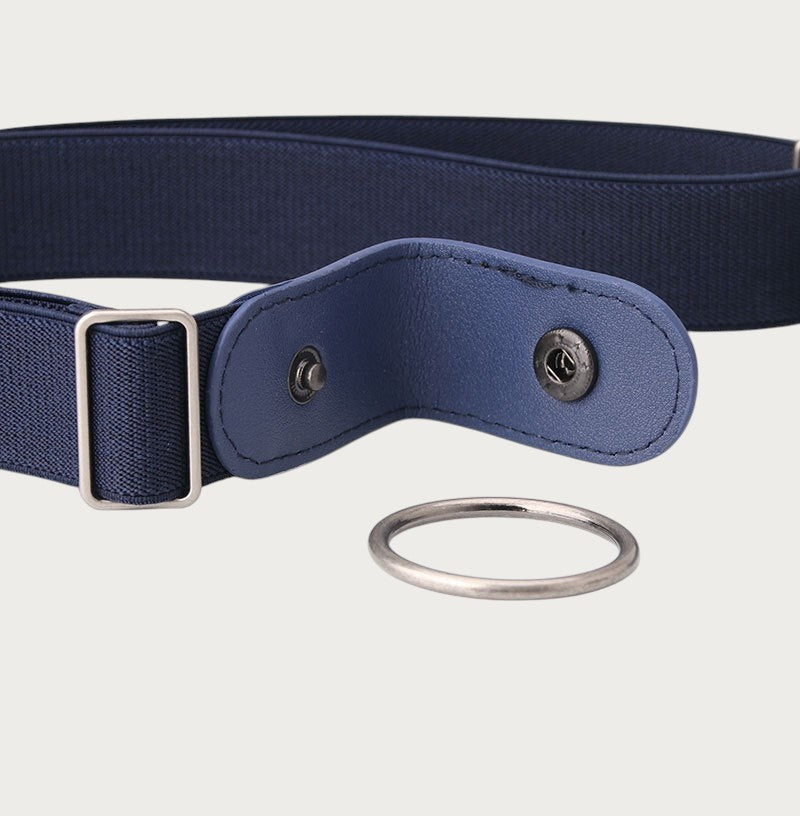Ceinture élastique invisible bleu marine sans boucle avec fermoir en cuir PU et anneau métallique, style décontracté