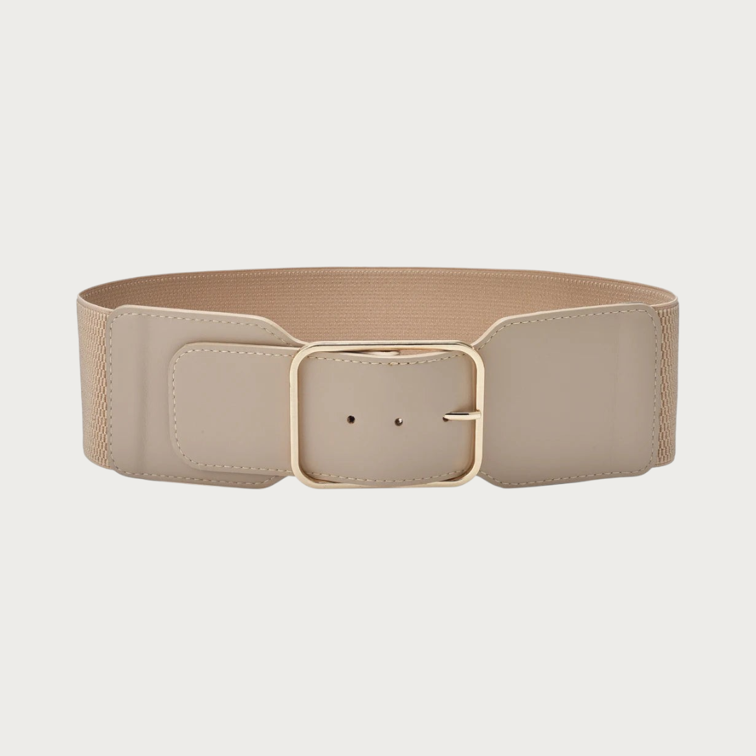 Ceinture élastique large femme Pise Ceintura beige avec boucle carrée dorée pour souligner la taille.