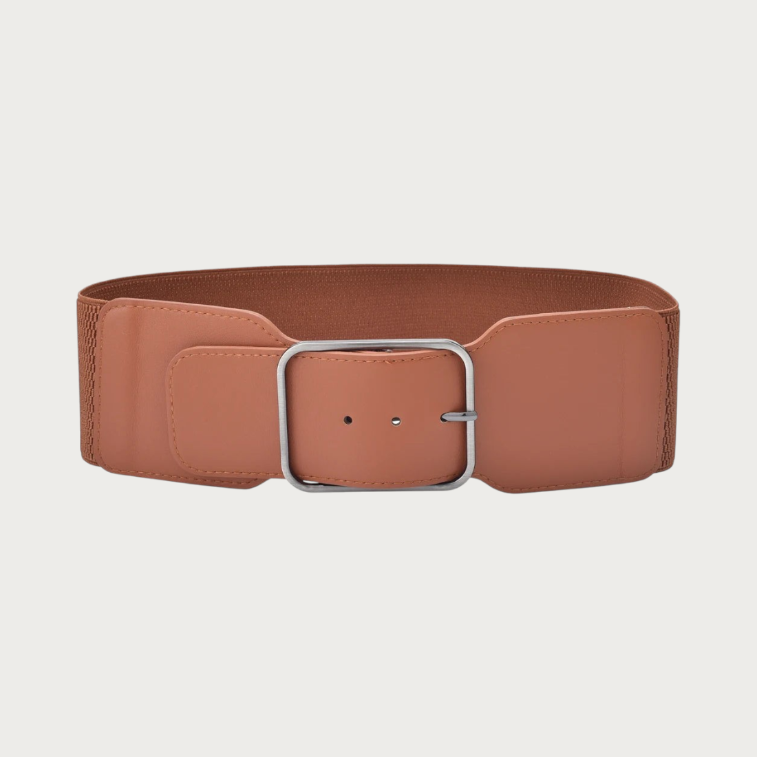 Ceinture élastique large femme Pise Ceintura couleur camel avec boucle carrée argentée pour souligner la taille