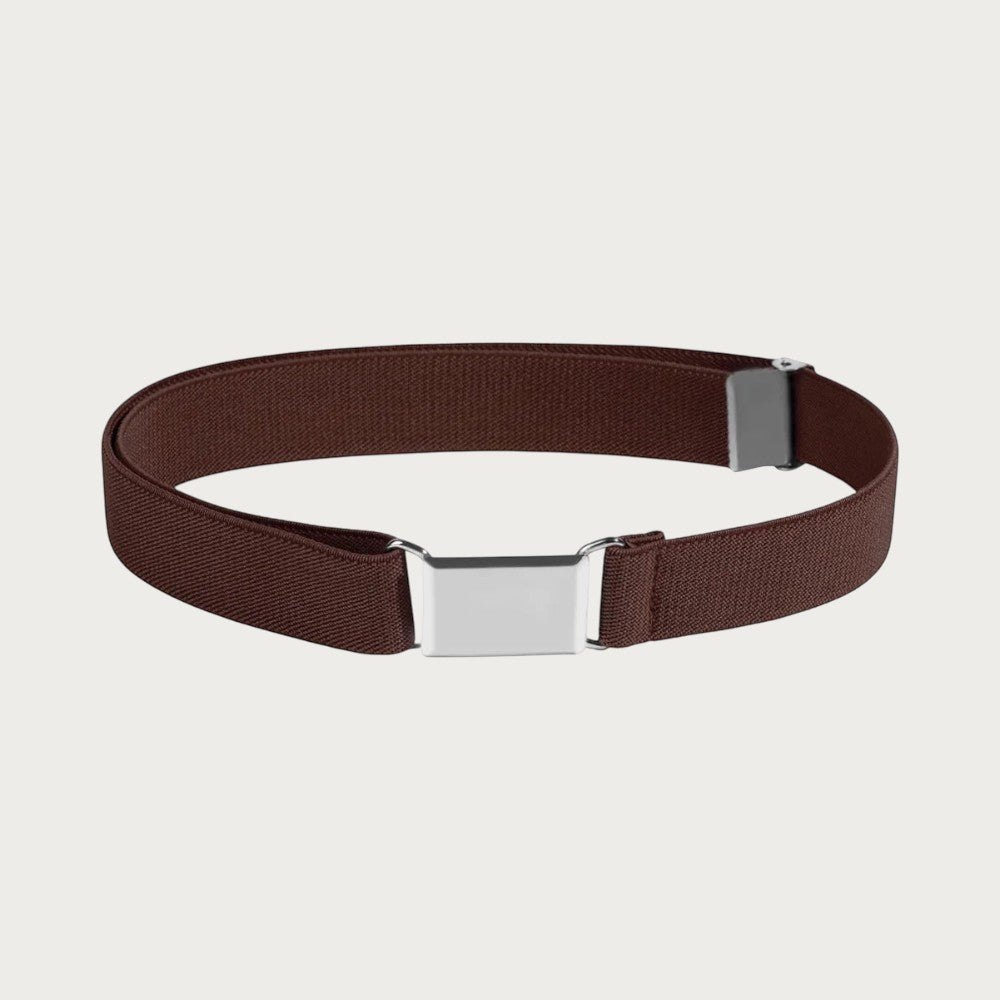 Ceinture élastique marron pour enfant avec boucle métallique réglable, style décontracté et ajustable.