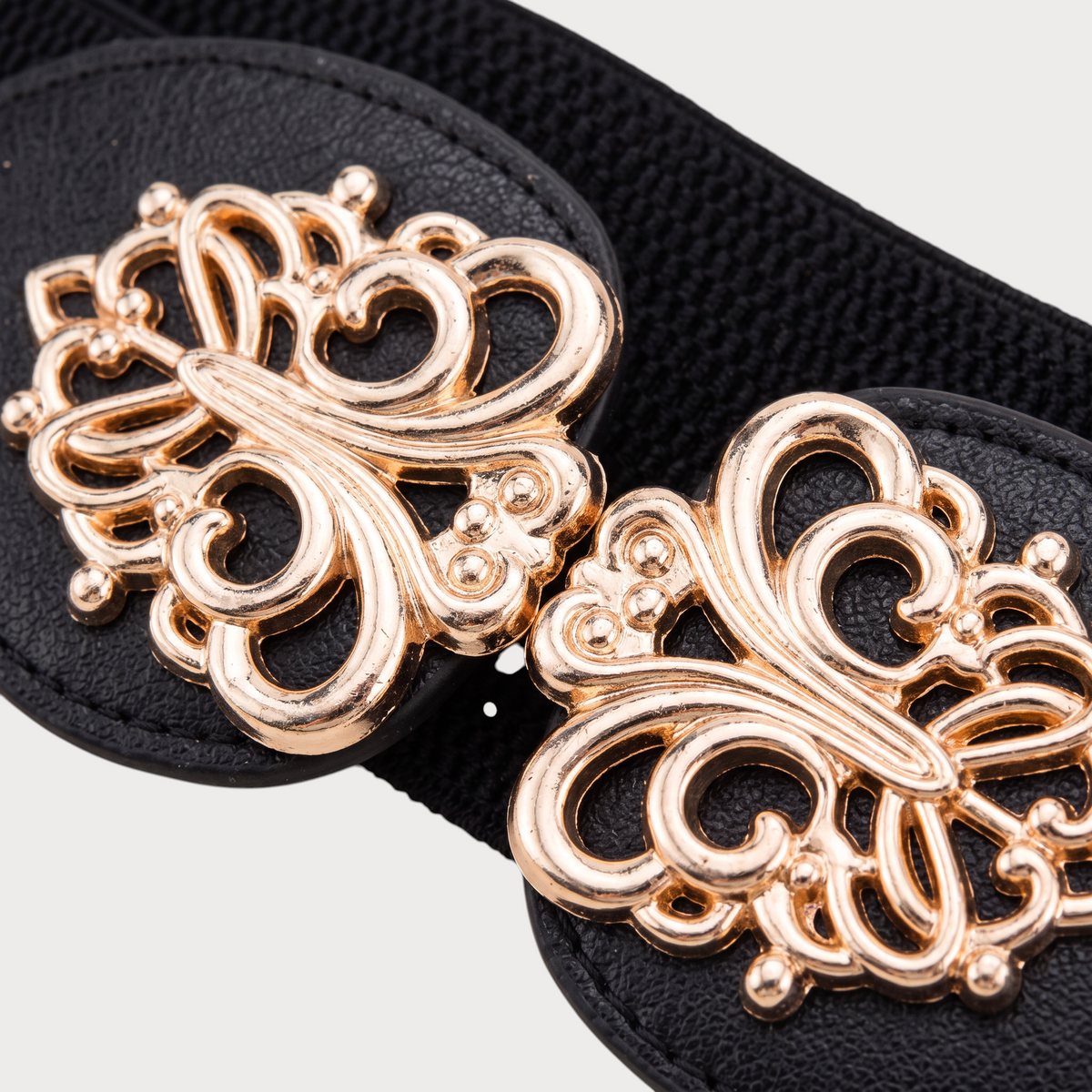 Ceinture élastique noire Ceintura avec boucle dorée ajourée en métal motif floral style bijou