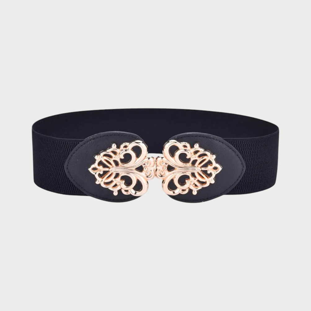 Ceinture élastique large Ceintura noire vue de face, boucle dorée ajourée à motif floral symétrique