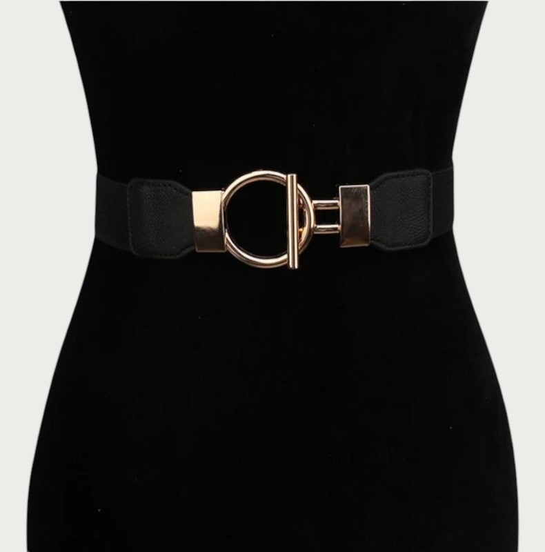 Ceinture élastique noire Ceintura pour femme avec boucle ronde dorée, accessoire de mode large de 4 cm