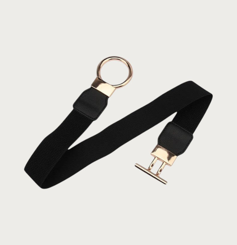 Ceinture élastique noire Ceintura pour femme avec boucle ronde dorée et fermeture à barre, largeur 4 cm