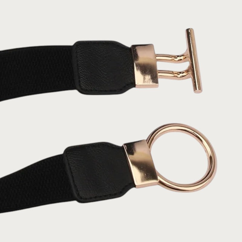 Ceintura ceinture élastique noire pour femme avec boucle ronde dorée et fermoir en T, largeur 4 cm Image