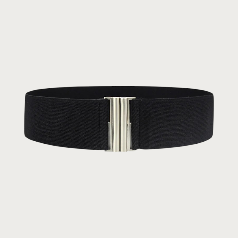 Ceinture élastique noire Ceintura pour femme avec fermoir rectangulaire en laiton argenté à double crochet