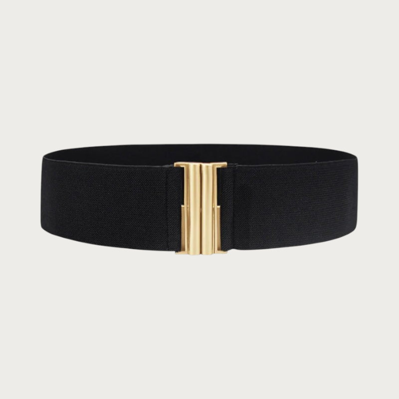 Ceinture élastique noire pour femme Ceintura avec fermoir architectural doré à double crochet rectangulaire Image