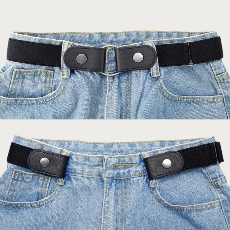Ceintura ceinture élastique noire sans boucle, invisible et ajustable, portée sur un jean bleu pour un look décontracté.