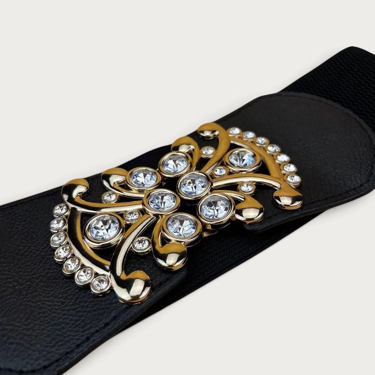 Ceinture élastique noire Ceintura avec boucle bijou dorée ornée de strass scintillants et empiècements façon cuir