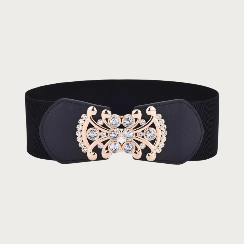 Ceinture élastique noire Ceintura avec boucle bijou ornée de strass scintillants et empiècements façon cuir