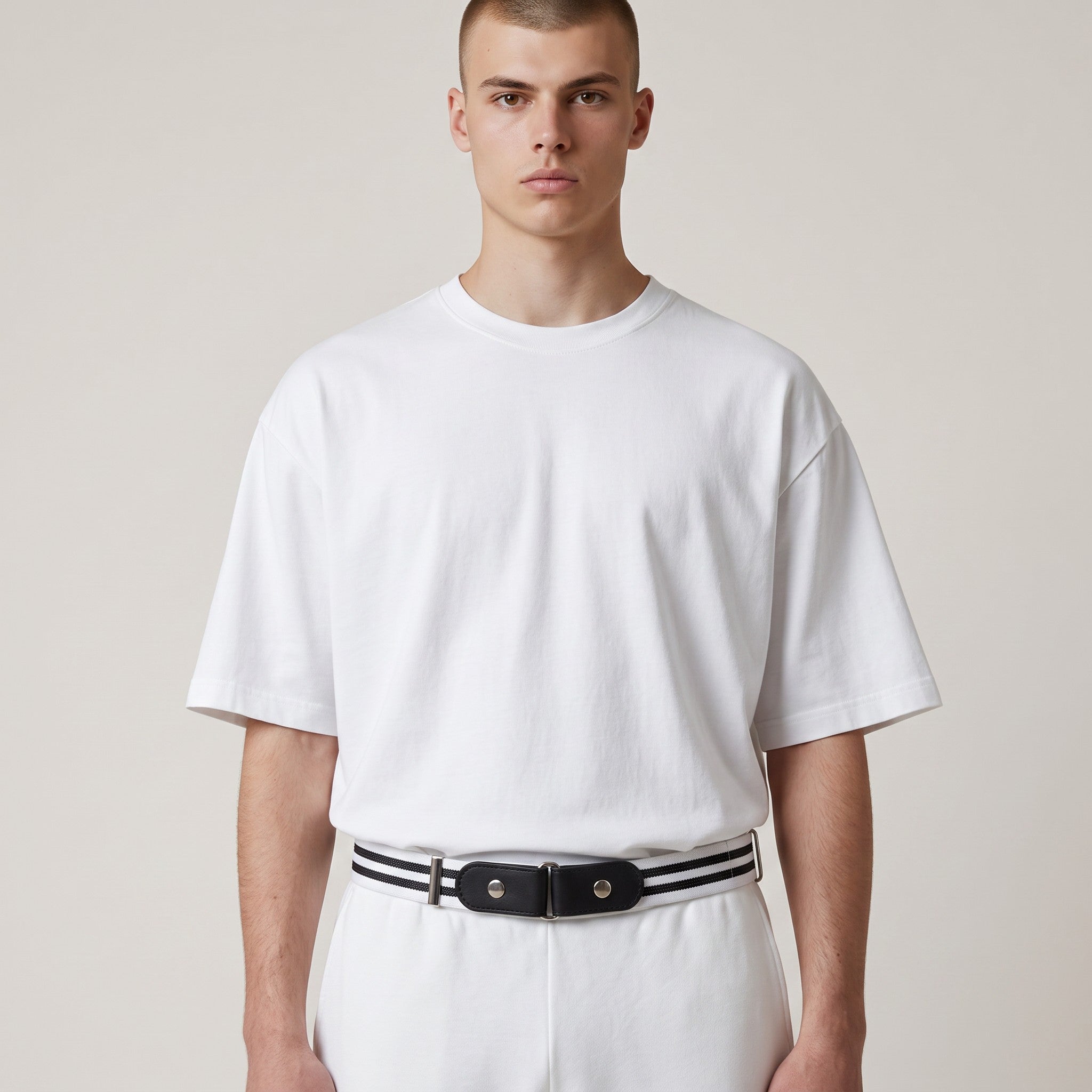Ceinture Ceintura Melodia élastique rayée noir et blanc avec pattes en similicuir portee par un homme Image
