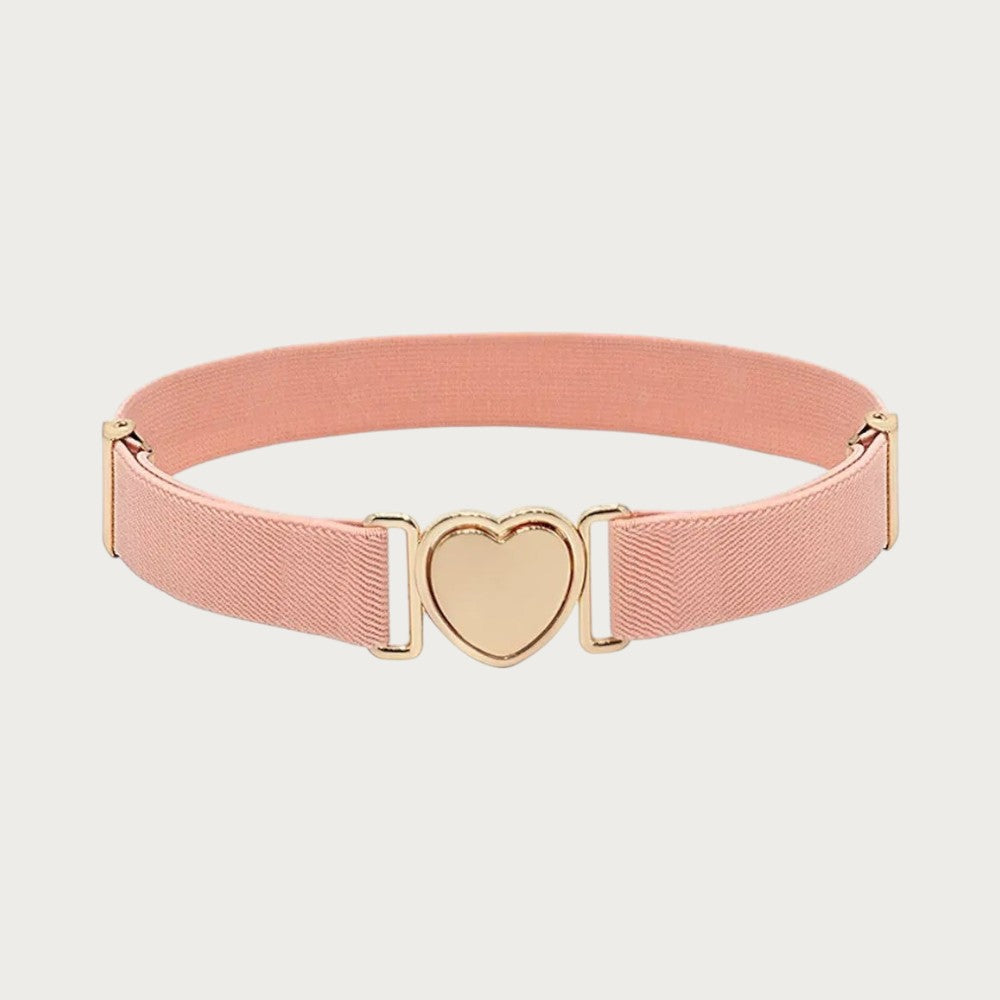 Ceinture élastique rose Ceintura pour fille vue en entier, boucle dorée en cœur et embouts métalliques
