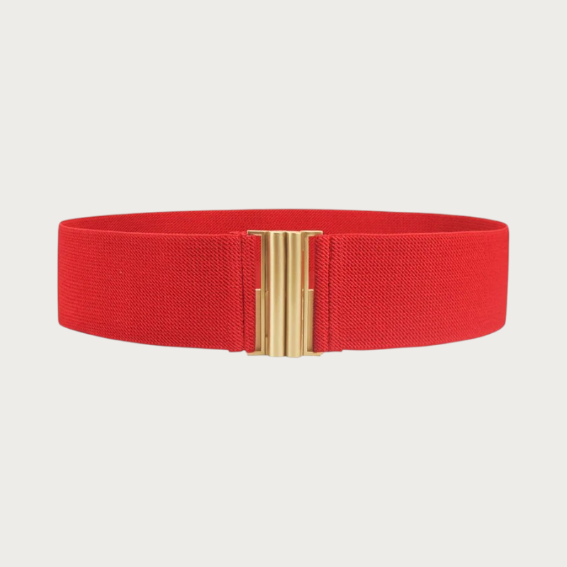 Ceinture élastique rouge Ceintura avec fermoir doré rectangulaire à double crochet, style moderne et architectural. Image