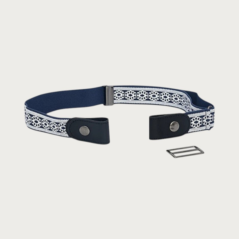 Ceinture élastique sans boucle Ceintura bleu marine avec motif floral blanc, idéale pour un ajustement confortable. Image