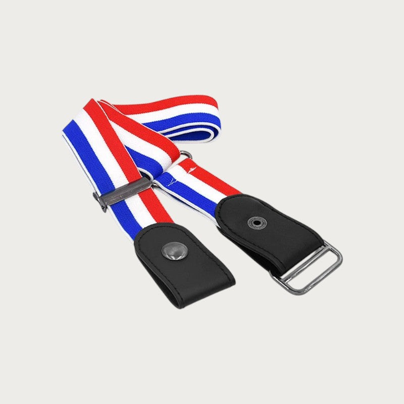 Ceintura ceinture élastique sans boucle à rayures bleu blanc rouge avec attaches en cuir synthétique noir