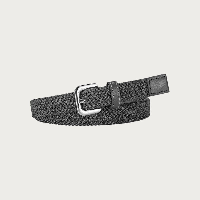 Ceintura ceinture élastique tressée grise pour femme avec boucle ardillon en métal argenté et détails en cuir