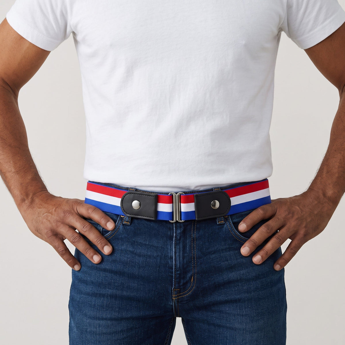 Ceinture sans boucle Ceintura tricolore bleu blanc rouge en sangle élastique avec pattes en similicuir noir